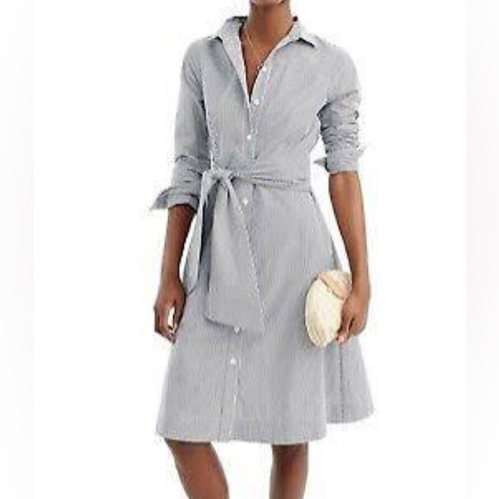 J. Crew Factory Tie Waist Navy and White Pinstripe Shirt Dress
